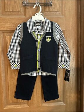 Boys Rock Navy Knit Vest & Plaid Shirt Set with Navy Pants